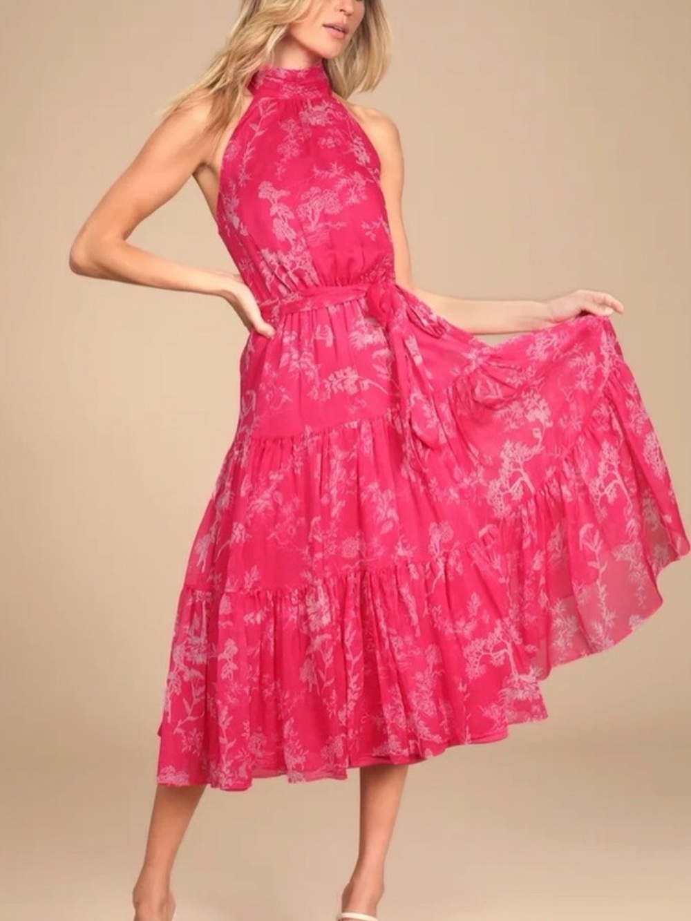 Lulus NWT Hot Pink Floral Halter Midi Dress Size XS